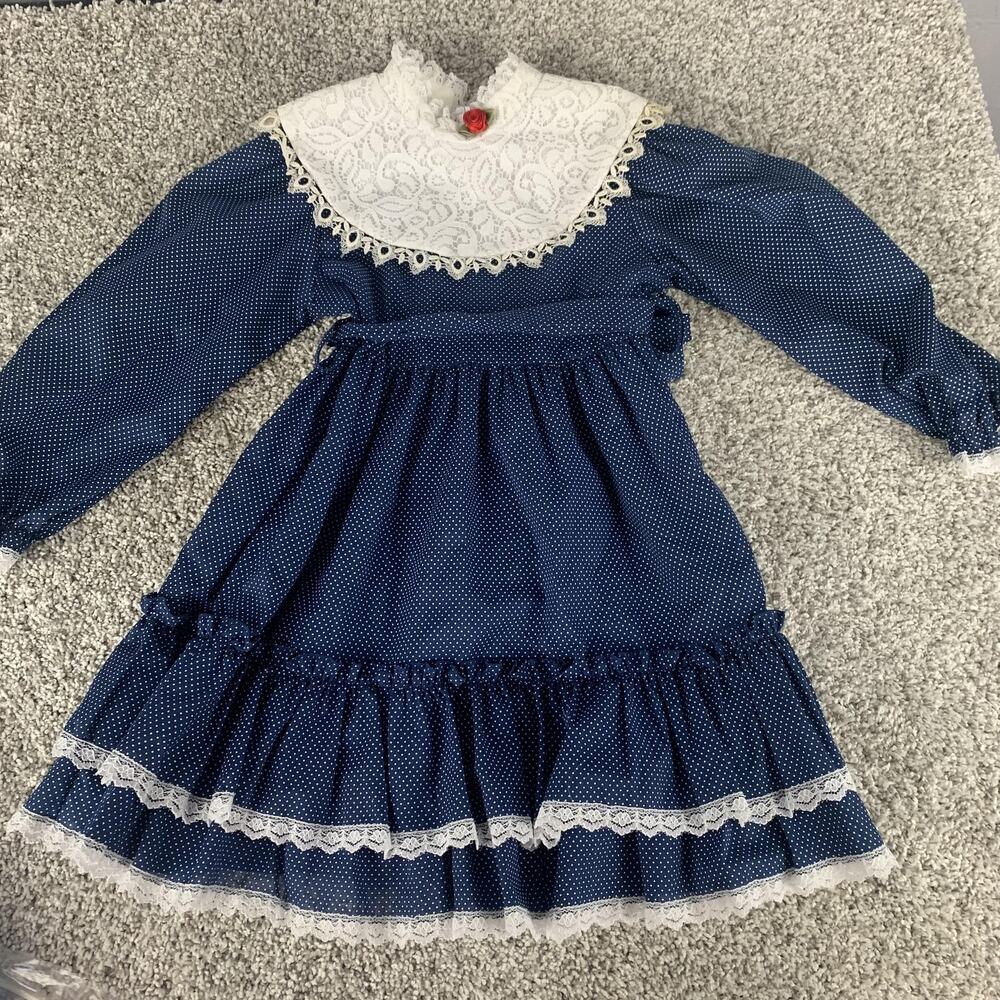 Vintage Bryan Dress Girls 4 Blue Polka Dot Prairie Lace High Neck Ruffle
